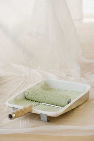 Close up of paint roller in tray. Date : 2006