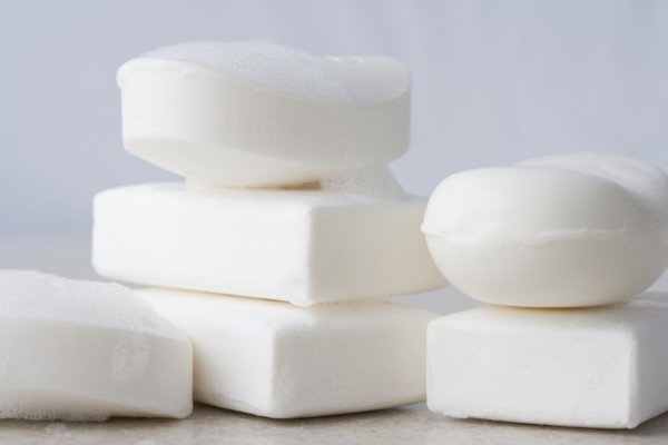 Stacks of white bars of soap. Date : 2006