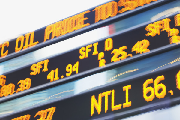 Low angle view of stock market display. Date : 2007
