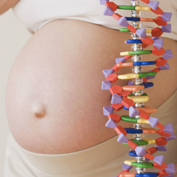 Pregnant woman next to DNA model. Date : 2007
