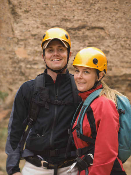Couple wearing rappelling gear. Date : 2007