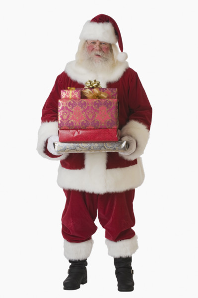 Santa Claus holding stack of gifts.