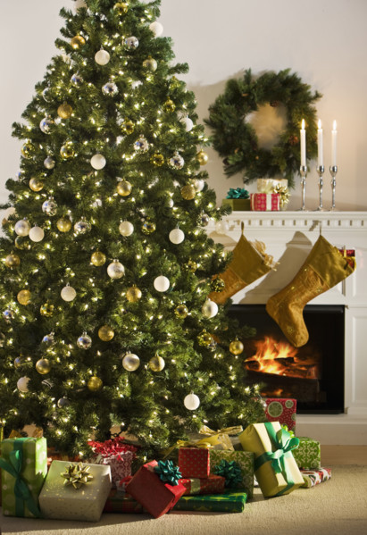 Christmas tree with gifts underneath.