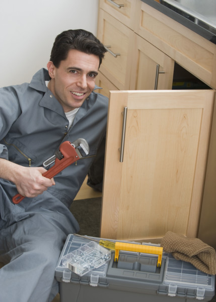 Male plumber holding wrench next to sink.