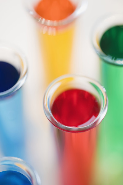 Multi-colored liquids in vials.