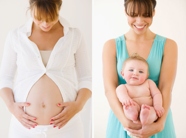Pregnant woman next to mother holding baby. Date : 2008