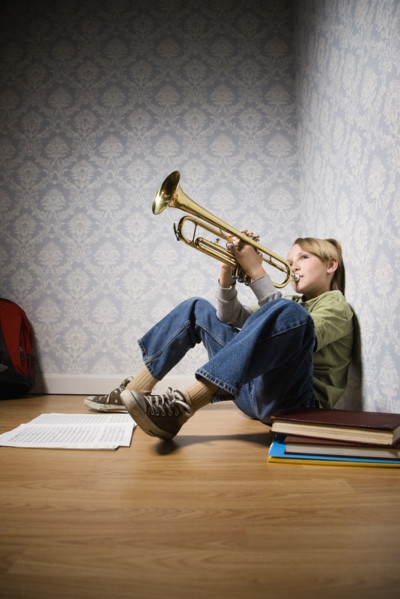 Boy playing trumpet. Date : 2008