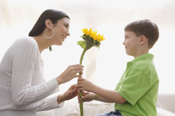 Son giving sunflower to mother. Date : 2008