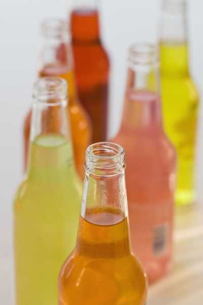 Assorted soda bottles.