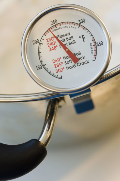 Close up of candy thermometer.