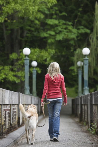 Girl walking dog across bridge. Date : 2008