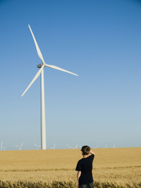 Boy looking at windmill on wind farm. Date : 2008