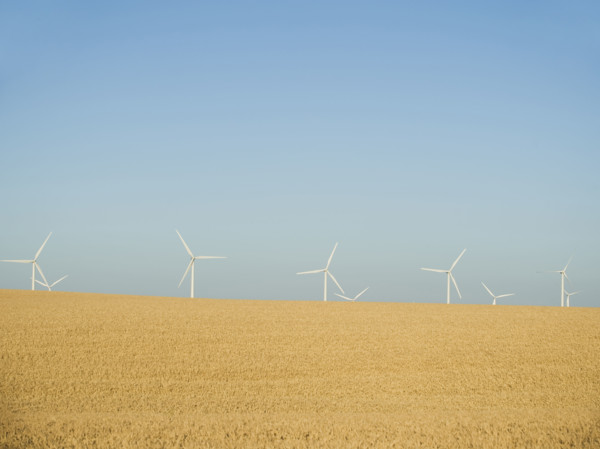 Row on windmills on wind farm. Date : 2008