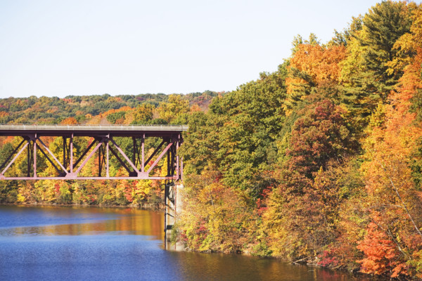 Bridge among autumn foliage, New York. Date: 2008