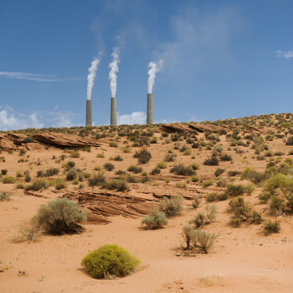 Smokestacks of power plant on Navajo reservation in Arizona.