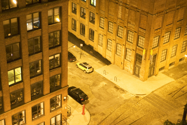 Brooklyn buildings and street at night. Date : 2008