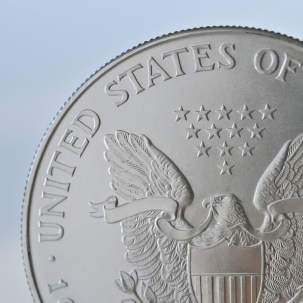 Close up of silver coin.