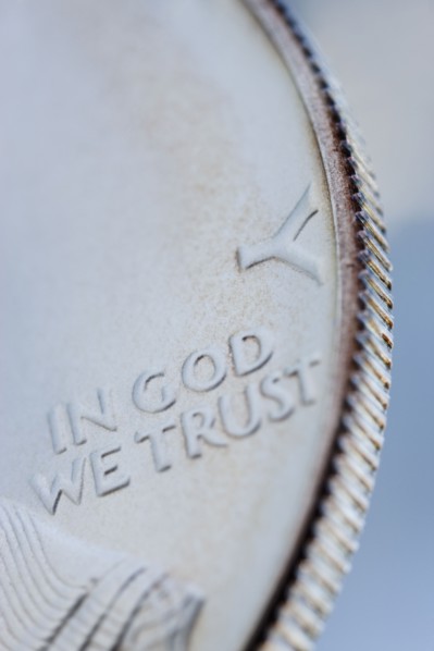 Close up of silver coin.