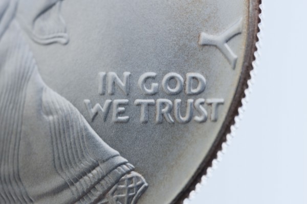 Close up of silver coin.
