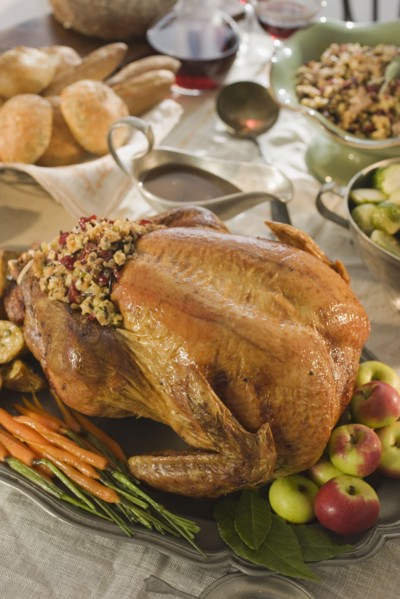 Thanksgiving dinner on table.