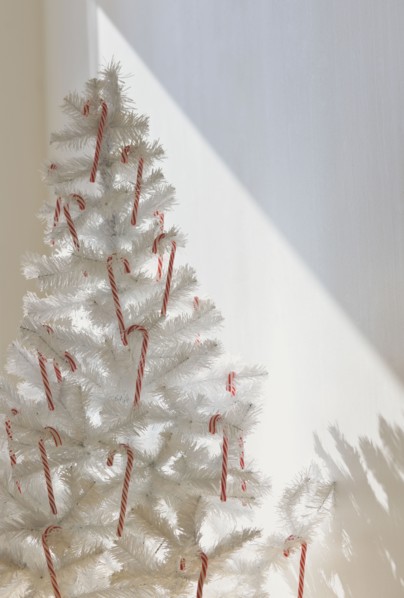 Candy canes on artificial Christmas tree.