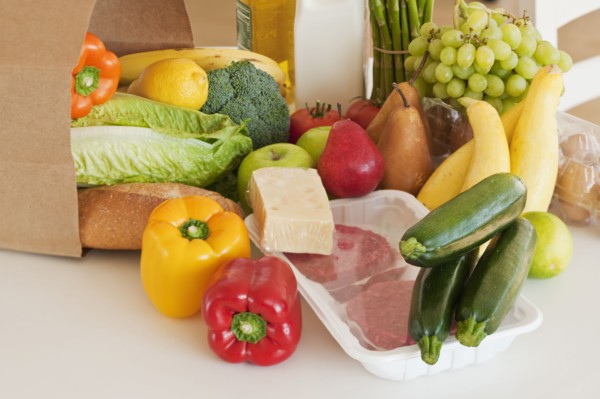 Paper bag filled with groceries.