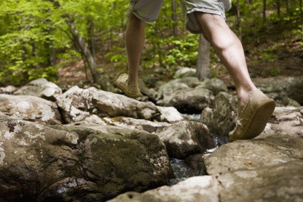 A man at a stream in the woods