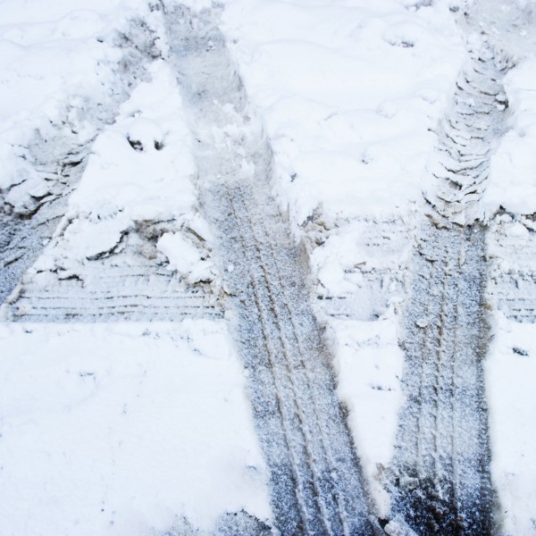 Tire tracks in snow.