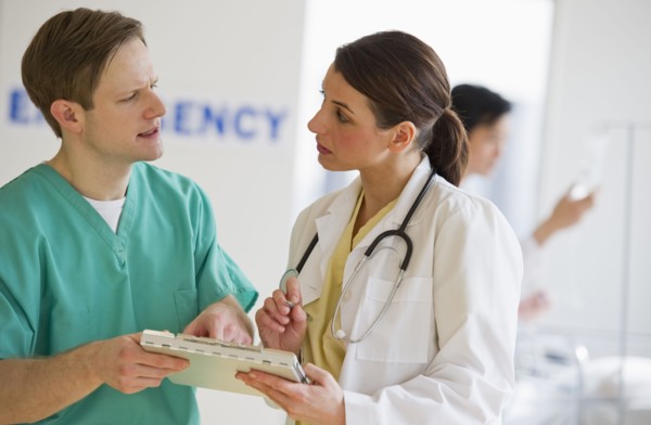 Healthcare workers talking.
