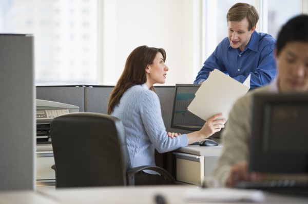 Office workers in cubicles.