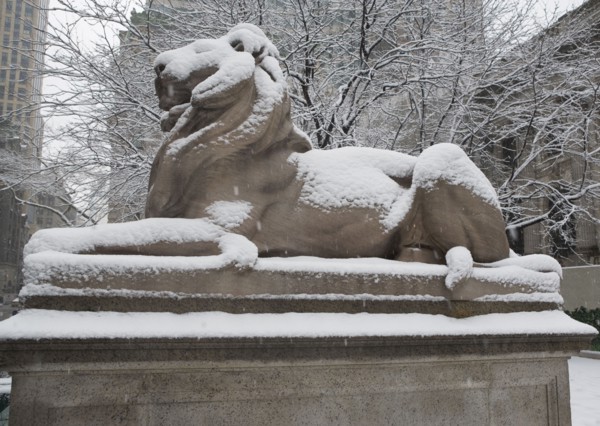 Lion sculpture covered in snow. Photographe : fotog