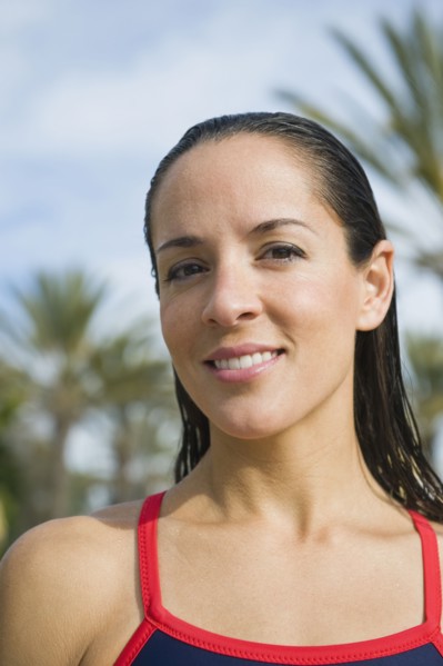 Woman wearing bathing suit.