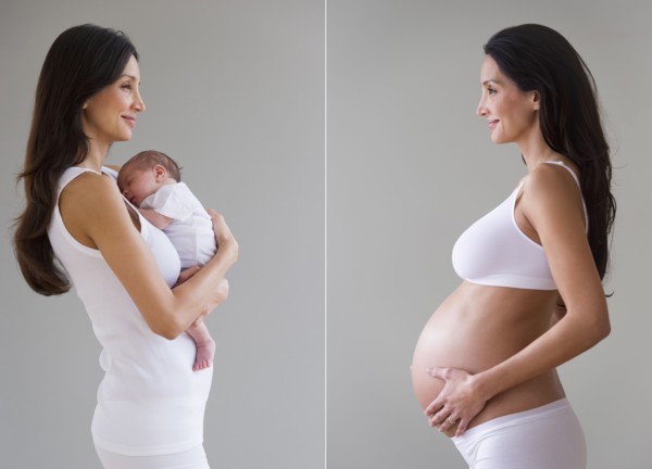 Before and after picture of pregnant woman.