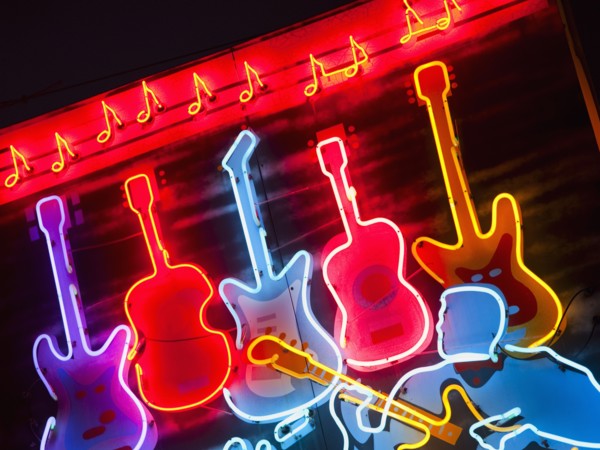 Illuminated guitars on Beale Street in Memphis.