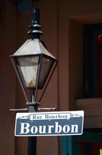 Lamp post and Bourbon Street sign in New Orleans.