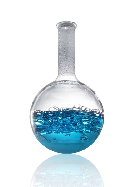 Blue liquid in beaker. Photo. David Arky