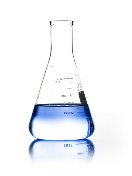 Blue liquid in beaker. Photo. David Arky
