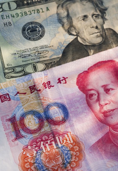 Chinese and American money.