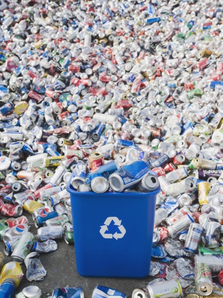 Pile of aluminum cans at recycling plant. Photo. Erik Isakson