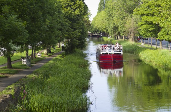 River boat on Grand Canal in Dublin Ireland.