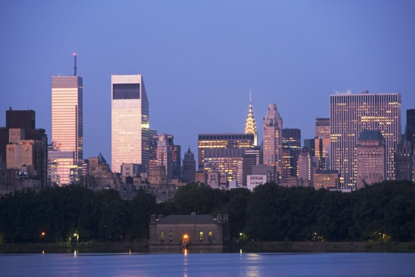 USA, New York State, New York City, Skyline with Bloomberg Building and Chrysler Building at dusk,