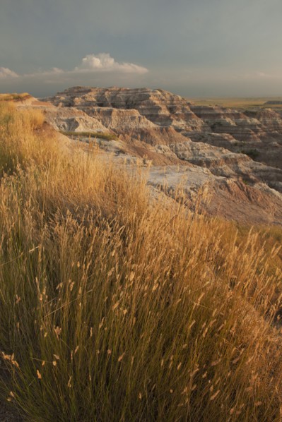 USA, South Dakota, Badlands National Park, Mountains with grass in foreground.
