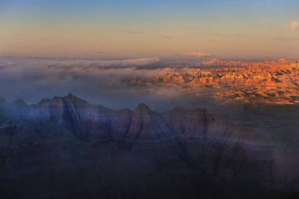 USA, South Dakota, Mountains in Badlands National Park at sunset.