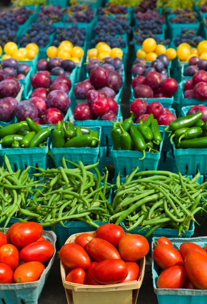 Vegetables and fruits in boxes.