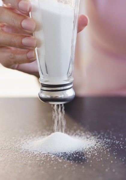 USA, New Jersey, Jersey City, Woman hand holding salt shaker upside down. Photo : Jamie Grill