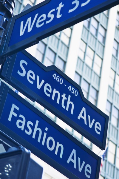 USA, New York, New York City, Street sign for Fashion Avenue and Seventh Avenue in Manhattan.
