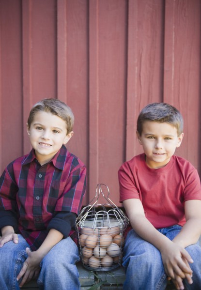 USA, New York, Flanders, Brothers (4-5, 8-9) posing with basket of eggs. Photo : Jamie Grill