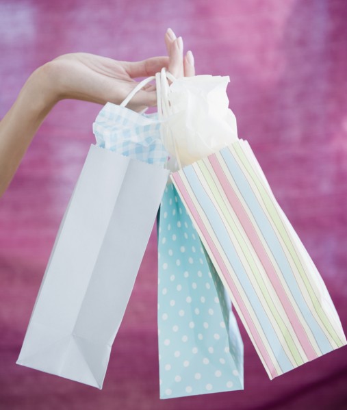 USA, New Jersey, Jersey City, Close-up view of woman's hand holding shopping bags. Photo : Jamie