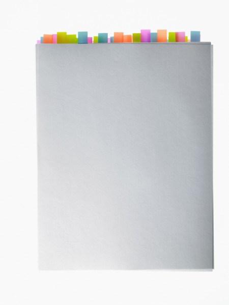 Studio shot of book edge with index cards. Photo : David Arky
