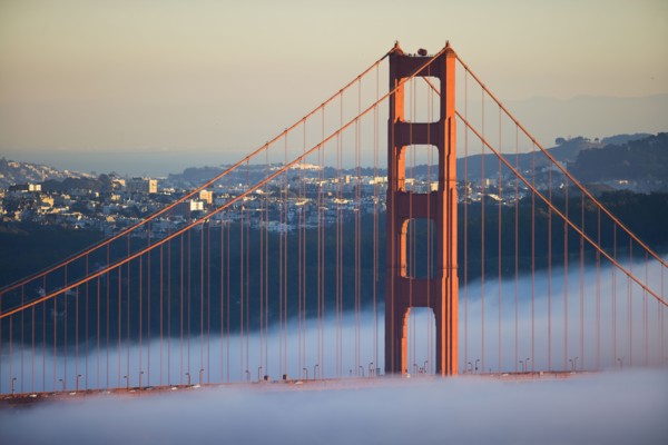 USA, California, San Francisco, Golden Gate Bridge in fog. Photo : Noah Clayton